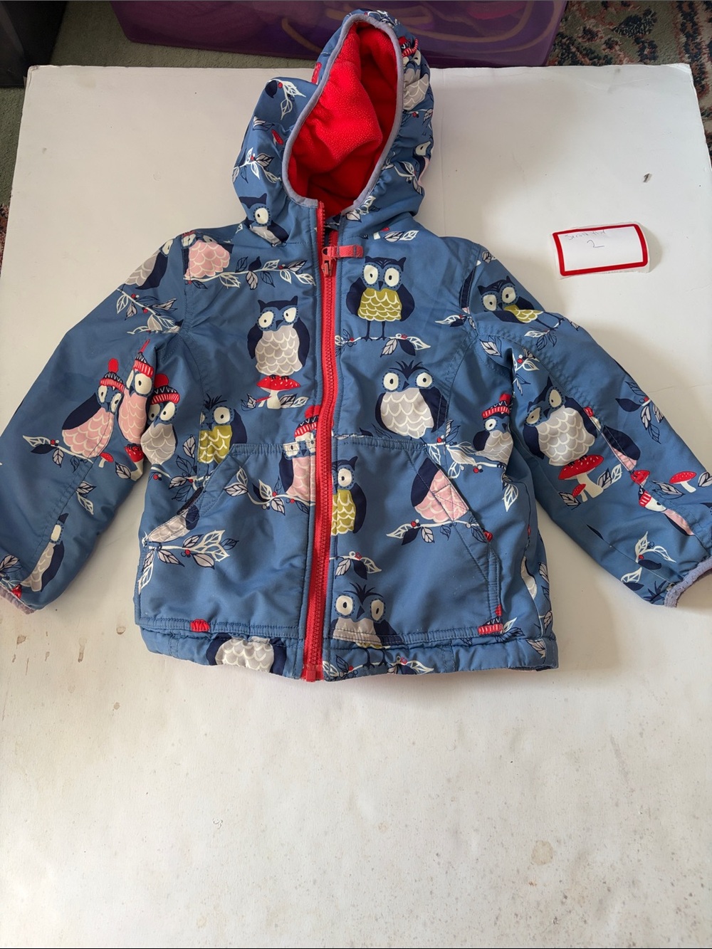 Mini Boden Blue Owl-Print Hooded Puffer Jacket with Red Trim